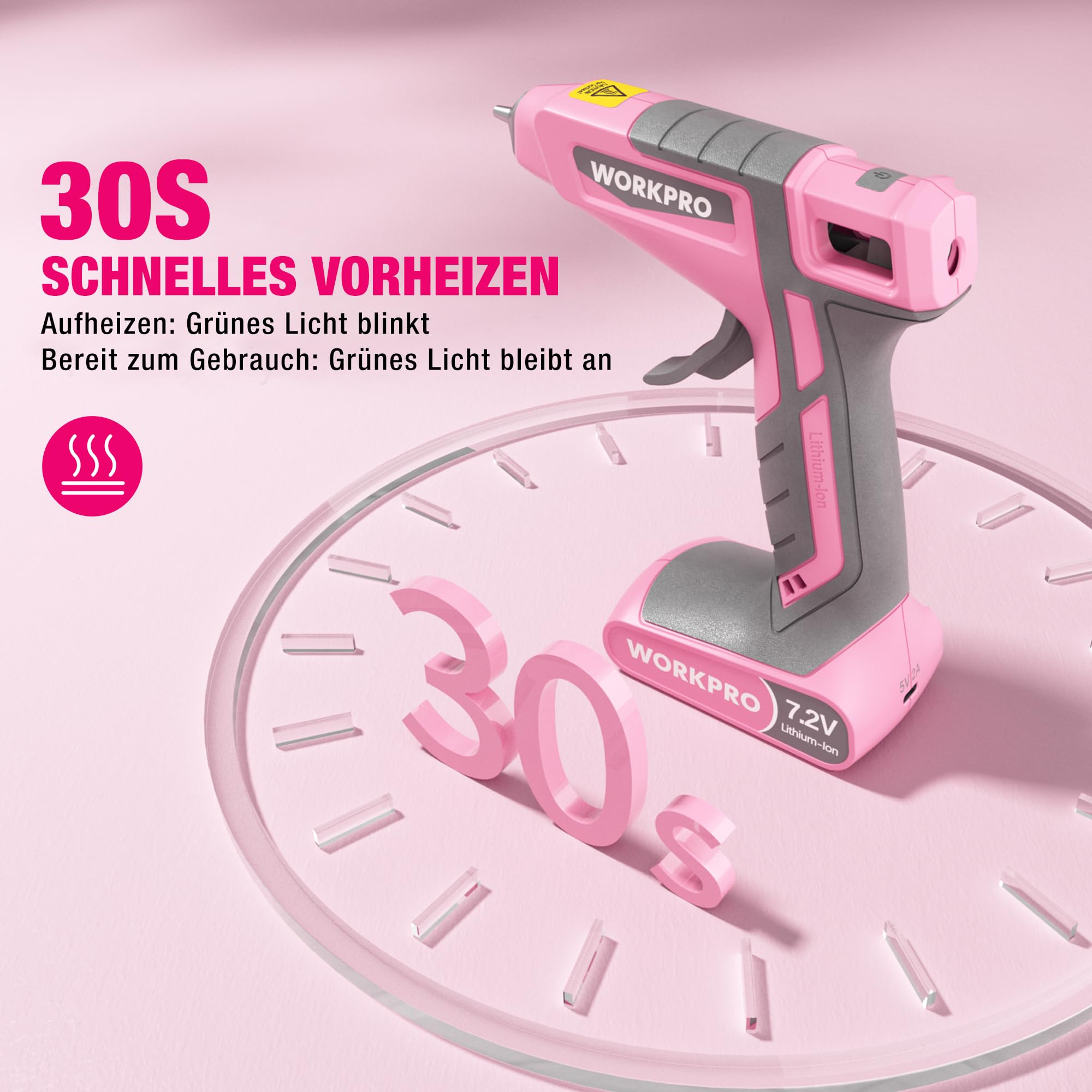 WORKPRO Heißklebepistole Akku 7,2V, Kabellos & mit Kabel Verwendbar, Akku Klebepistole mit 20 Klebesticks, 30s schnelle Aufheizung, Schnelle Klebstoffabgabe, USB-C-Aufladung, für Handwerk, Dekoration