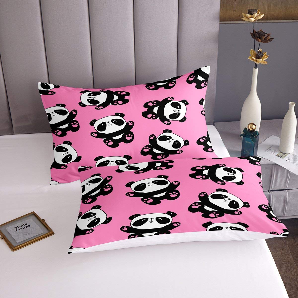 Loussiesd - Set di biancheria da letto con motivo panda, foglio orsetto carino per ragazzi e ragazze, set letto gigante panda cartone animato, set letto bambù geometrico con 1 federa, 3 pezzi