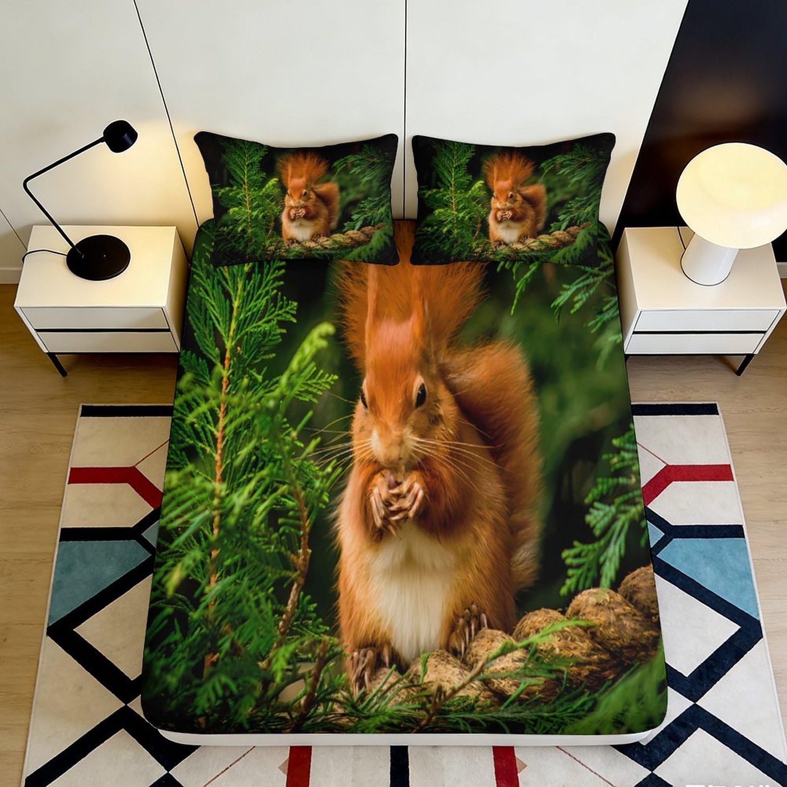 3D Printed Squirrel Pattern Fitted Sheet Microfiber Soft Breathable Forest Animal Bed Cover for Bedroom Dormitory Guest Room Mattress Protection 160x200x25cm