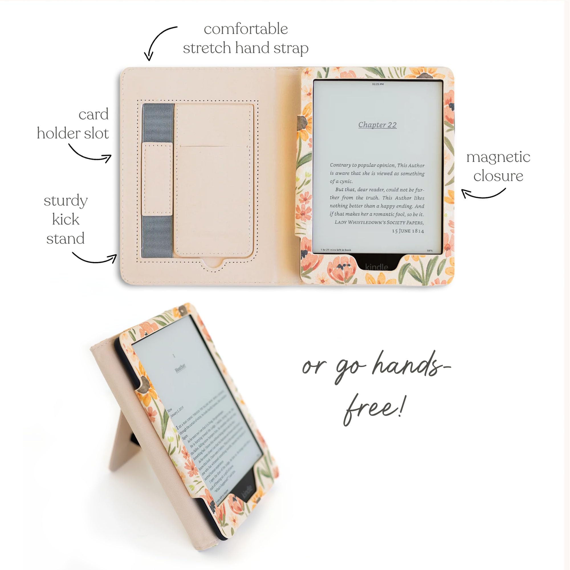 Elyse Breanne Design, Compatible con Paperwhite, lector Kindle de 11ª generación, carcasa de piel sintética, funda para dispositivo inteligente, correa de mano elástica, caballete para ponerse de pie