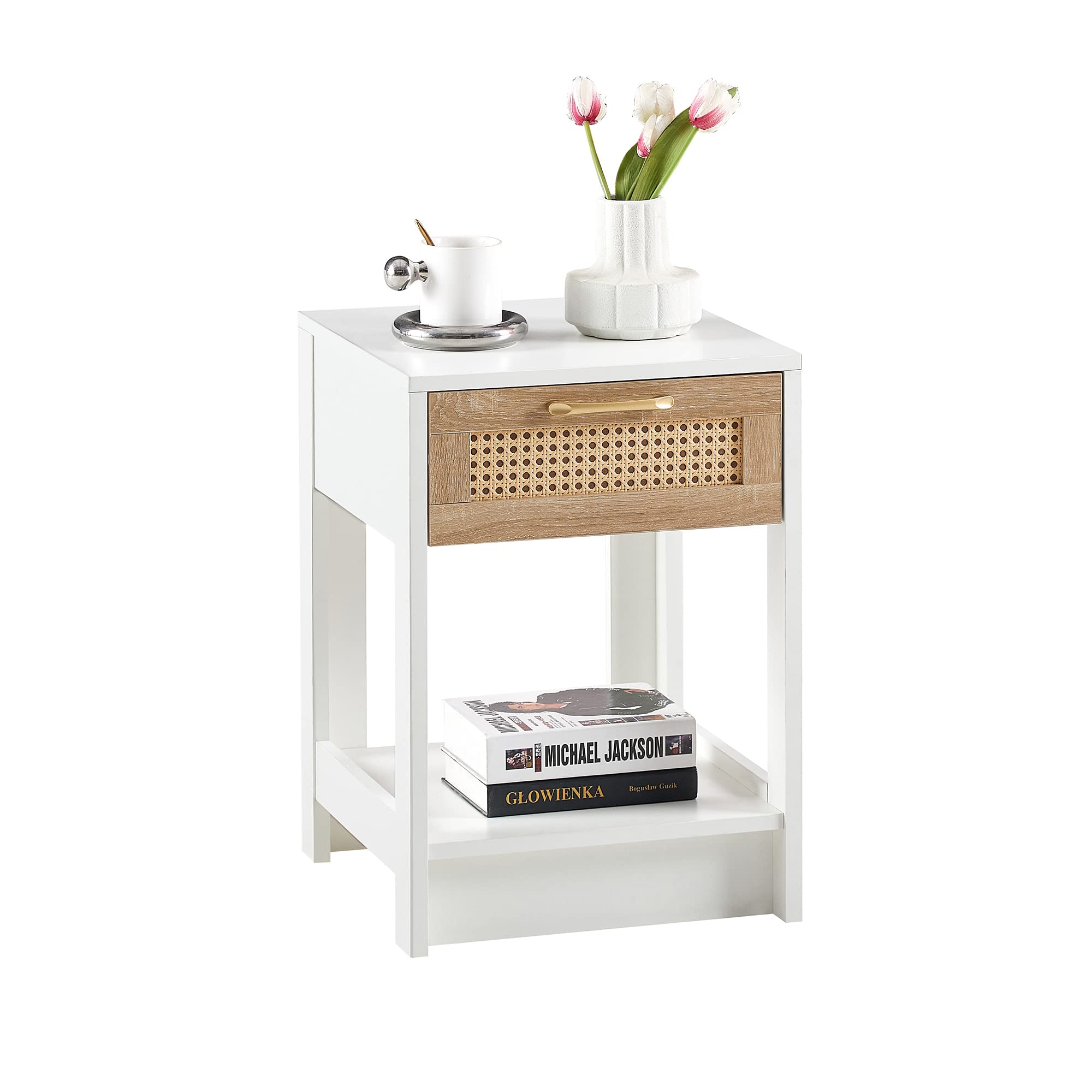 Comodino in rattan con cassetto, tavolino moderno per camera da letto, soggiorno e ufficio, piccolo comodino boho in legno, 40 x 40 x 55 cm, bianco
