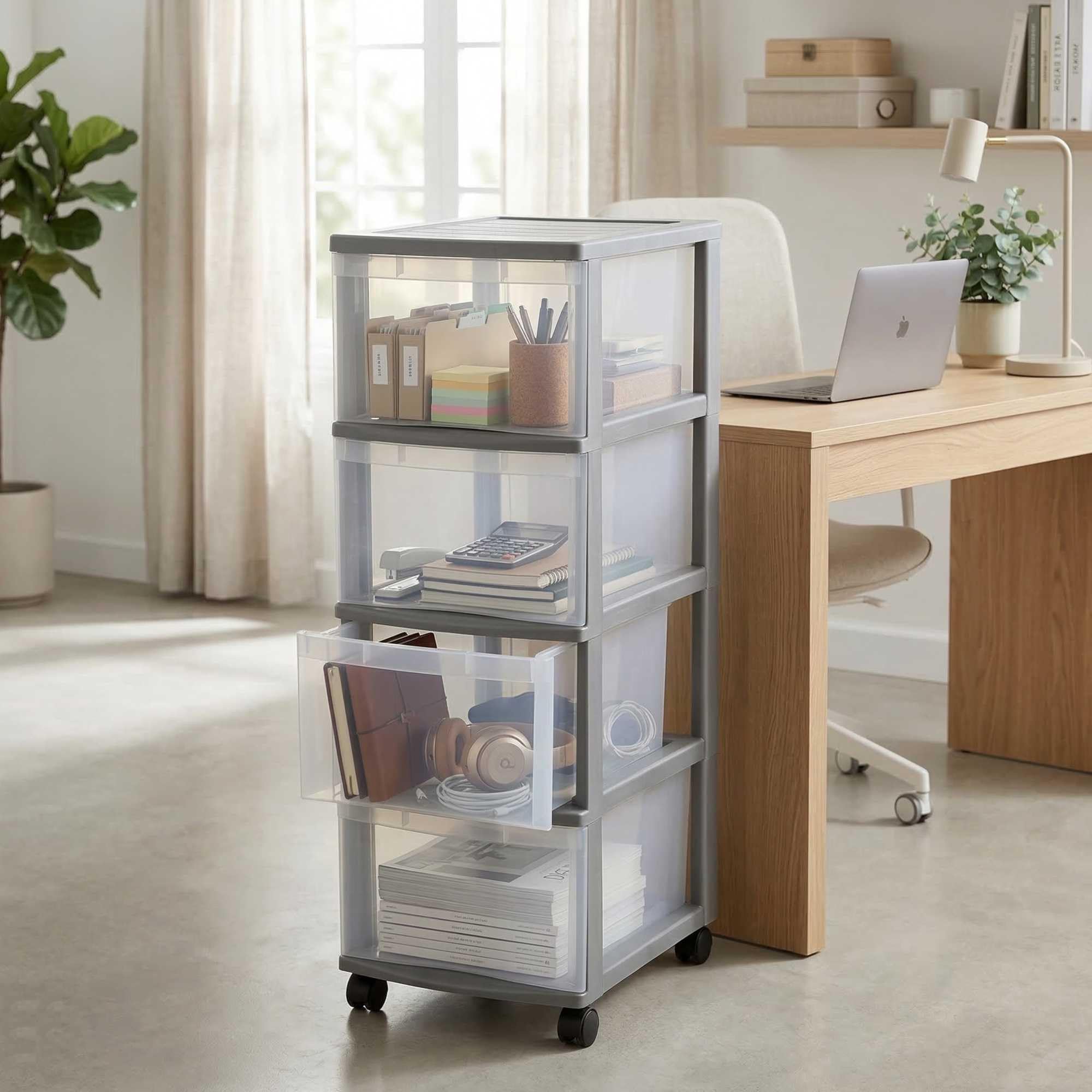 Rotho Sundis 4155002 Optimo Cassettiera 4 cassetti Polipropilene Argento 38 x 30 x 85,5 cm | Grigio, facile da spostare, ideale per l'archiviazione in ufficio, lezioni, documenti, materiale di consumo