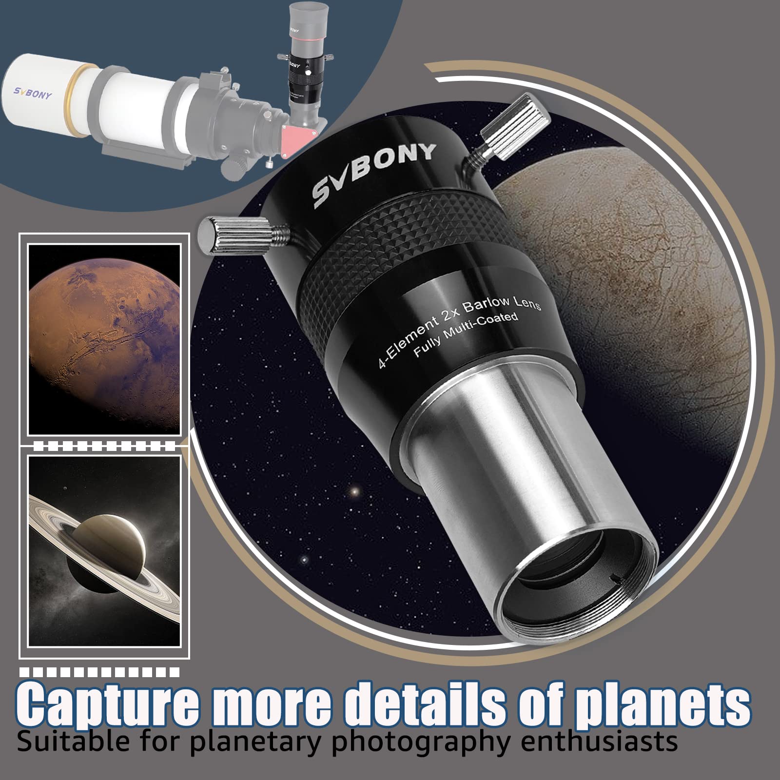 Svbony SV216 Lenti di Barlow 2x, 1.25" Metallo Barlow 4 Elementi Apochromatic FMC Telescope Lens per Fotografia Planetaria e Osservazione