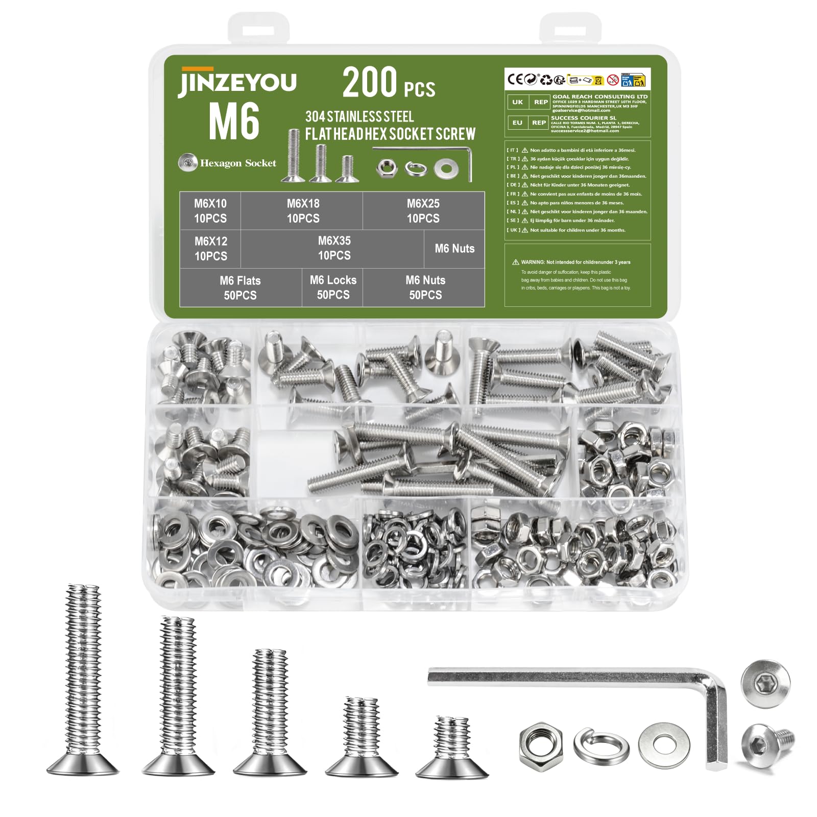 200pcs M6 Stainless Steel Allen Countersunk Bolt & Nut Set with Washers