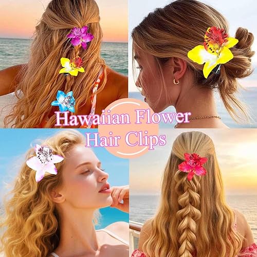 Miniatura 5 de Bartosi Pinzas para el cabello de flores hawaianas horquillas de cocodrilo de orquídea pinzas de pelo de flores bohemias para mujeres y mujeres