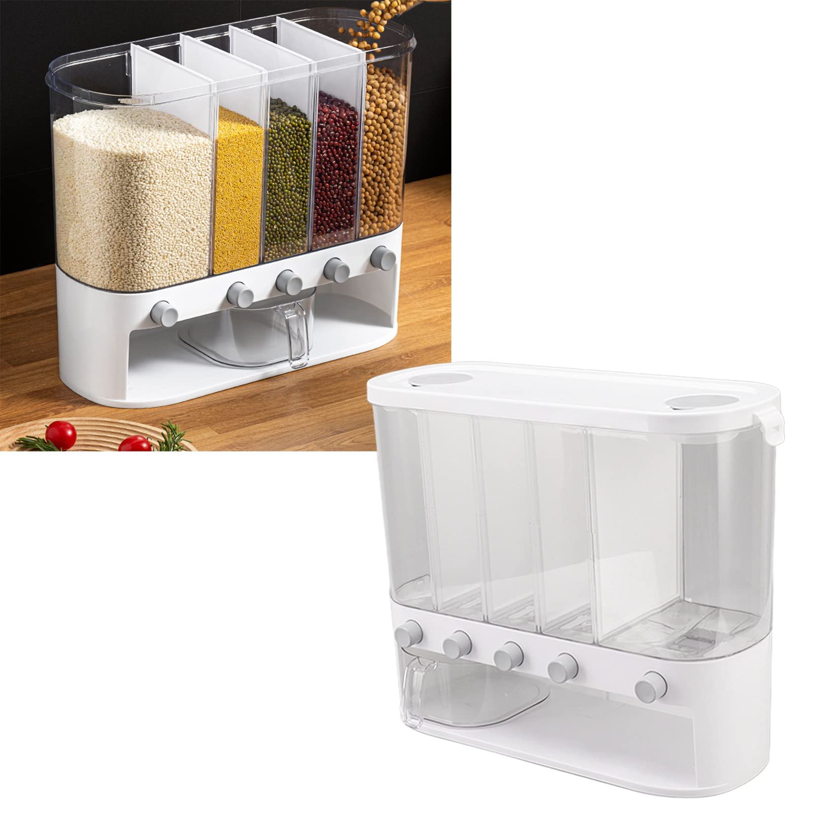 Dispenser Per Cereali, Dispenser Per Alimenti Secchi, Scatola Dispenser a 5 Griglie con Contenitore Separato Per Alimenti Secchi Per Cereali in Tazza Per Cucina
