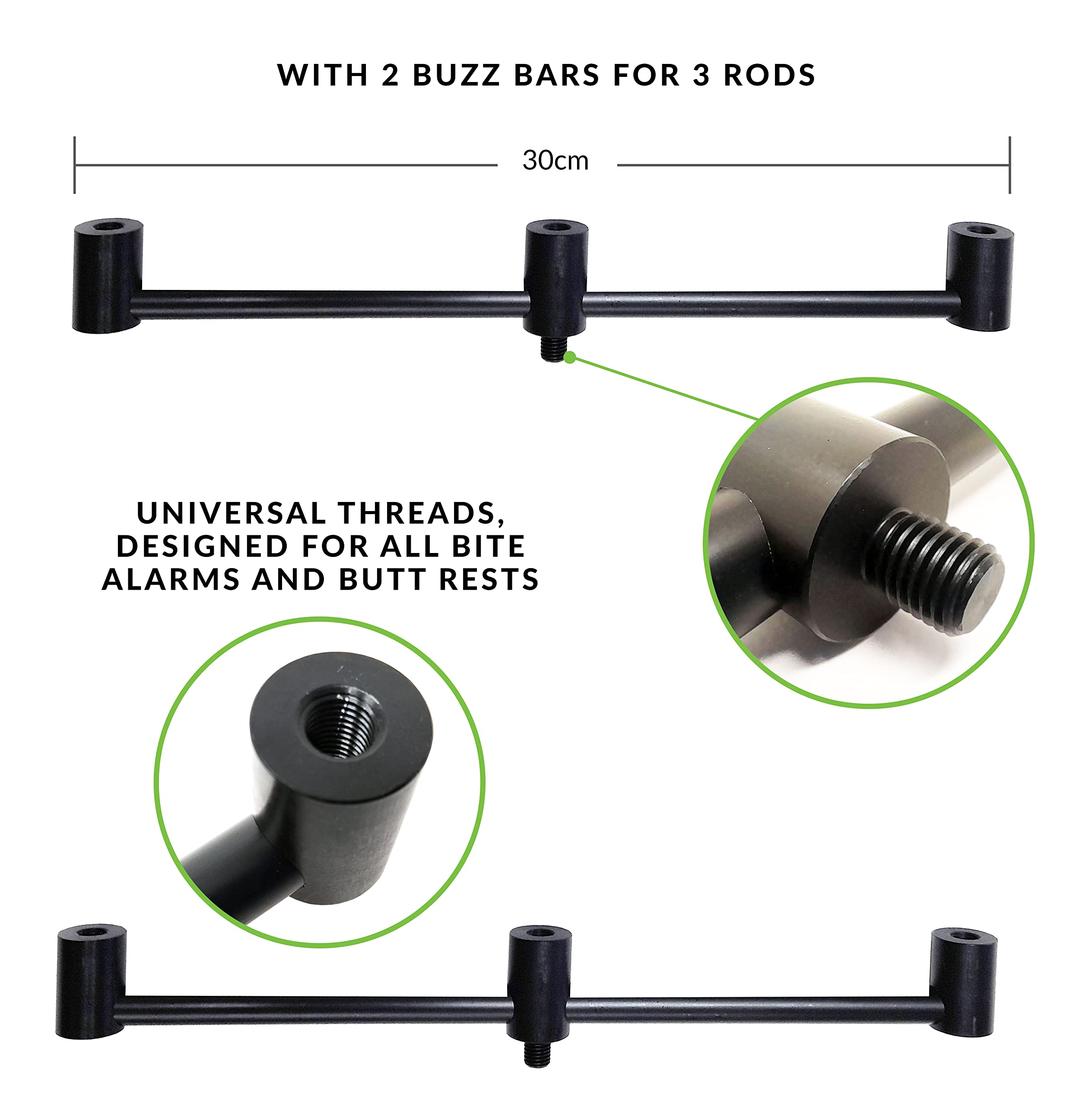Drei Ruten Buzz Bar Set mit Banksticks - Eloxiertes, ausziehbares & Universalgewinde plus 600D Tragetasche - Alle Bissanzeiger und Butt Rests - Karpfenangeln und alle allgemeinen Arten [25-020