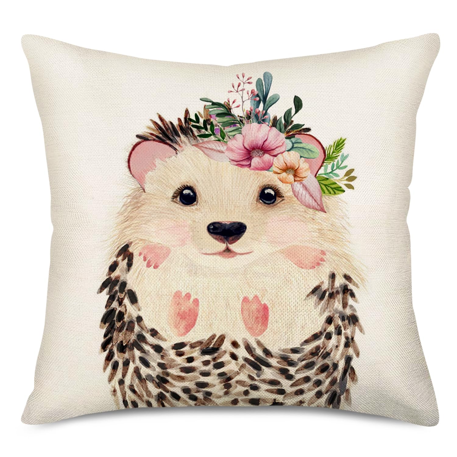 Throw Pillow Covers Animal with Flower Wreath Cotton Linen Square Home Decorative Throw Pillow Case Cushion Covers 18 x 18 Inches (Hedgehog-1)