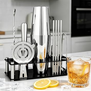 Professional Cocktail Shaker Set with Stand Cocktail Recipes, 15-Piece 750/600ml Bartender Kit, Bar Sets Bartending Kit Bar Tool Set 25/20oz Boston Shakers, Jigger, Muddler (Silver)