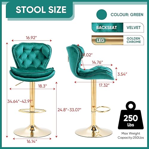 Miniatura 2 de SLEERWAY Juego de 2 taburetes de bar giratorios modernos para mostrador de cocina, sillas de bar de terciopelo, taburetes de bar dorados, taburetes