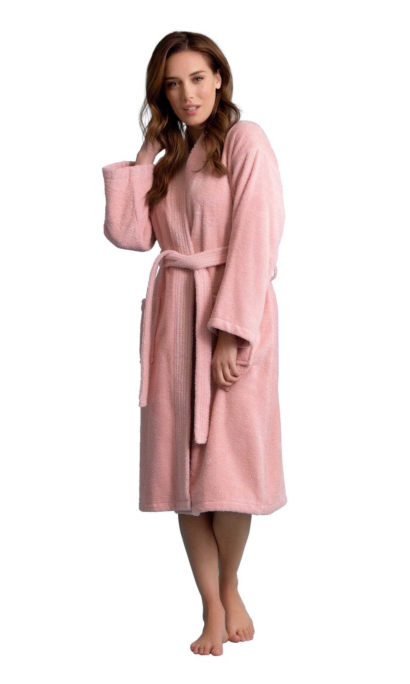 Accappatoio da donna in morbido lino, in tessuto di spugna, kimono, spesso 100% cotone turco - Rosa - XX-Large