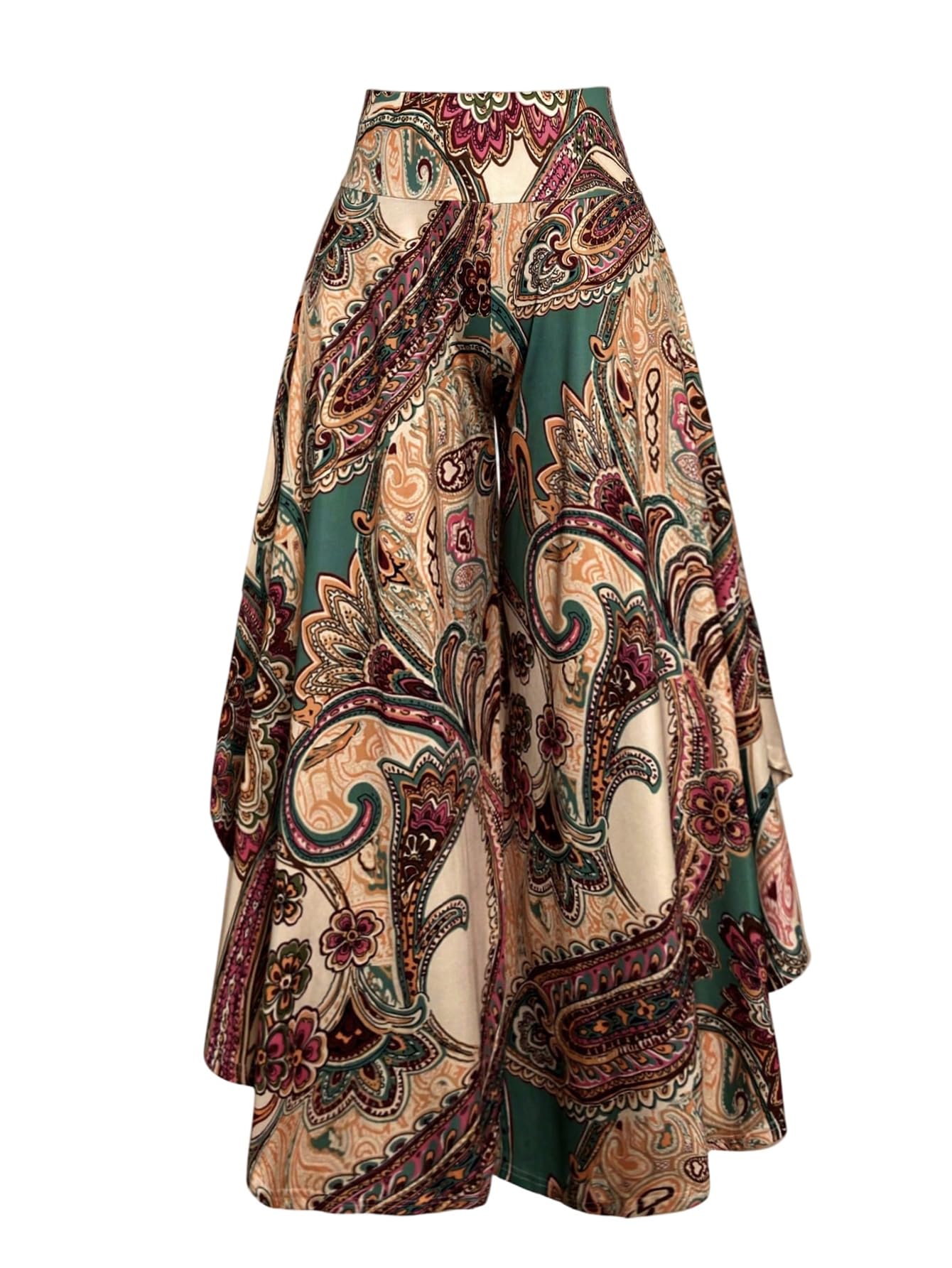 Verdusa Womens Plus Size Boho Vacation Paisley Tribal Pants Vintage Wide Leg Baggy Flowy Pants Brown Multi 3X-Large