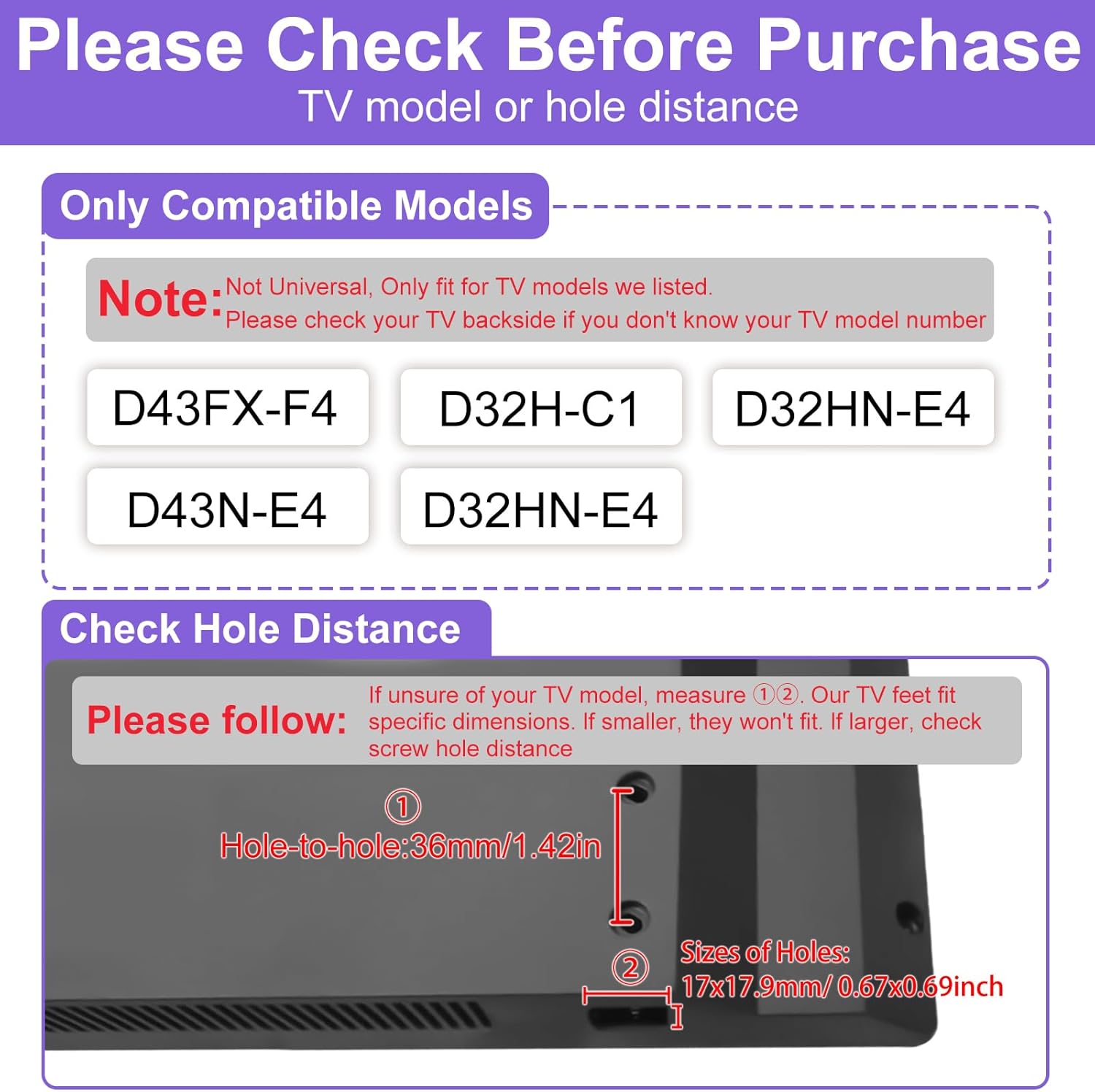 TV Legs Only for Specific Models D32H-C1, D32HN-E4, D43FX-F4, D43N-E4 for Vizio TV Legs Replacement, Not a Universal Stand - Check Model List Before Purchase, Only for Vizio TV Stand Listed