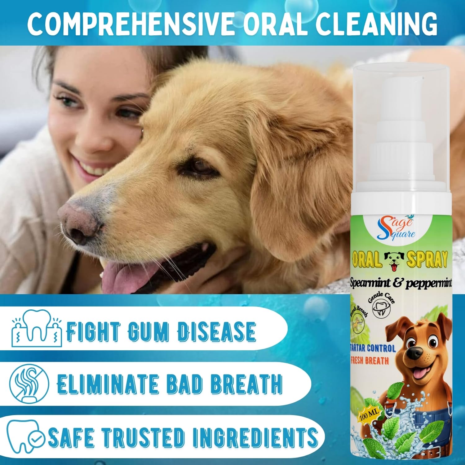 Sage Square Dog Mouth Spray : Sparemint & Peppermint Oral Spray, Easy Brushless Cleaning, Teeth & Gum Spray, Reduces Plaque & Freshens Breath Instantly, Dog & Cat Mouth Care, Fresh Breath (100ml) 4
