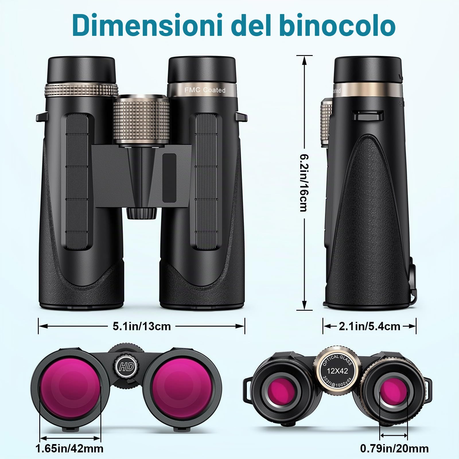 12 x 42 Binocolos,Binocolo per adulti, Binocolo Professionale, Prisma BaK-4 e Lente FMC, alta potenza Binocolos,per Birdwatching, Escursionismo, Caccia, Visite