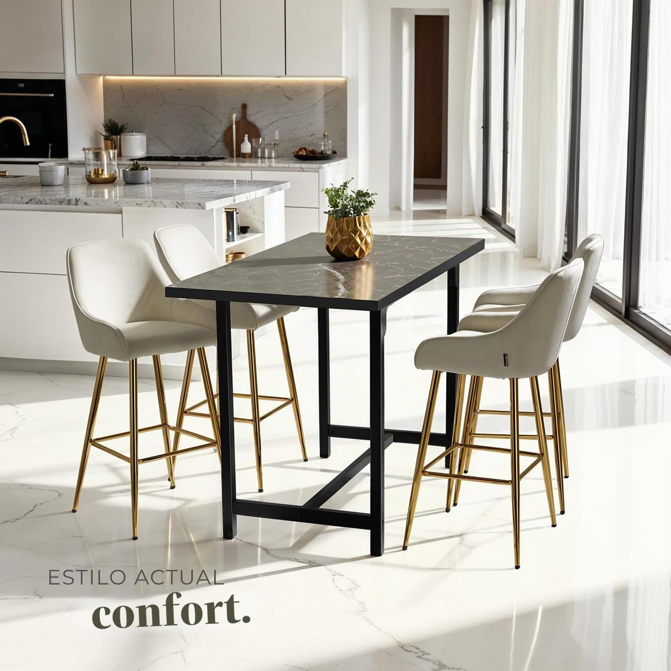 tectake® Taburete Alto con Respaldo, Acolchado, Terciopelo Suave, Patas Acero Galvanizado, Pies Antideslizantes, Altura Ajustable, Carga Máx: 120 kg, Silla Cocina o Bar - 2 sillas Crema/Oro