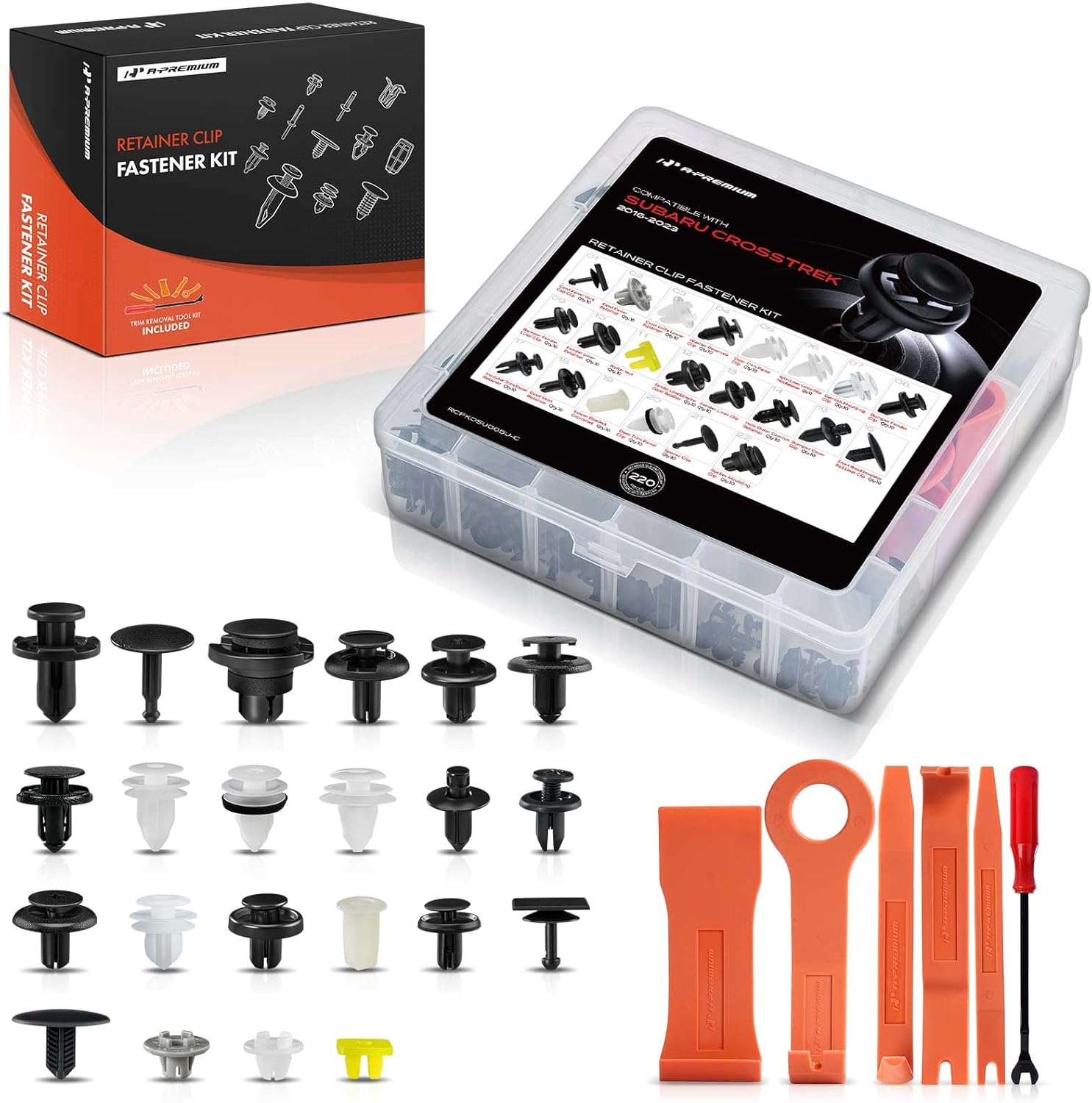 A-Premium 220-Pack (16-Type) Car Retainer Clip Kit Compatible with Subaru Crosstrek 2016-2023 Bumper Fender Door Trim Retainer Auto Push Pin Plastic Rivet Fastener Replacement Set, w/Removal Tool