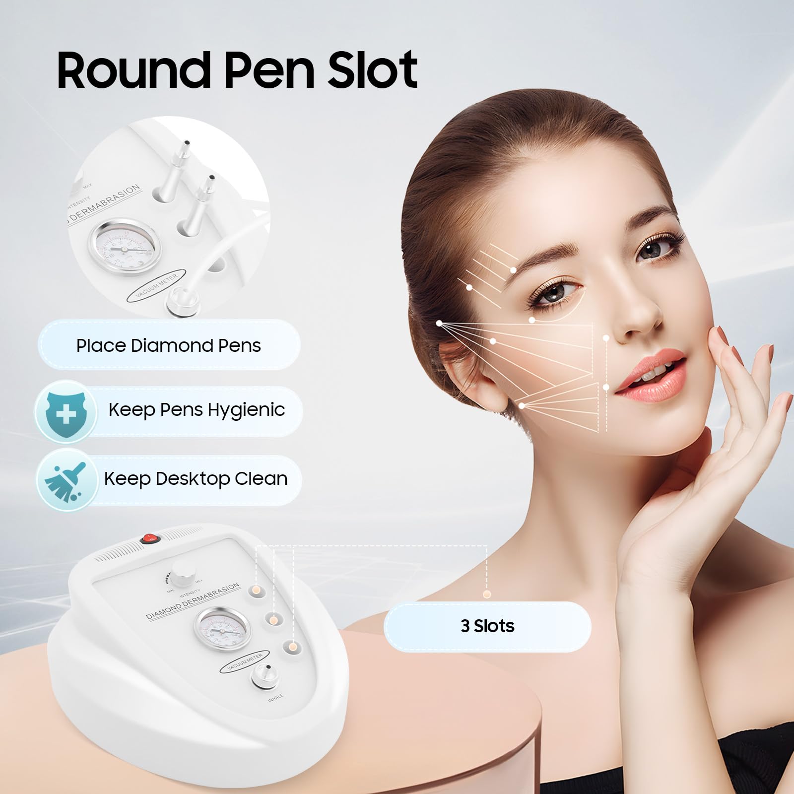 Diamante - Dispositivo per microdermoabrasione con nove livelli di aspirazione regolabili, 50 W, dispositivo per la cura del viso a vuoto per casa e salone di bellezza, bianco