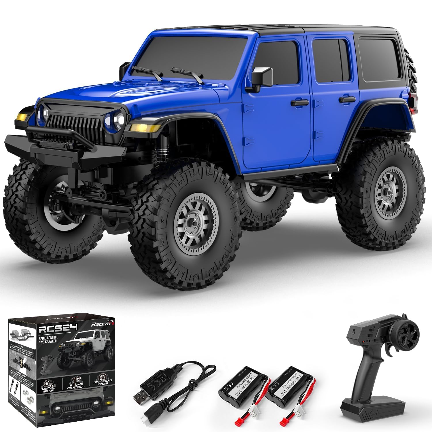 RACENT 1/24 RC Crawler 4WD Off Road All Terrain RC Monster Truck Rock Climbing with led Light Waterproof Hobby Grade Toys with 3 Batteries for Adults (Blue)
