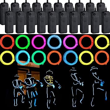 Retisee 30 Set 6.6 ft El Wire Neon Light Portable Neon Cuttable Glowing with Strip LED Rope Battery Powered Wire Glow in The Dark Wearable LED Lights for Clothing Halloween DIY Costume Party Decor