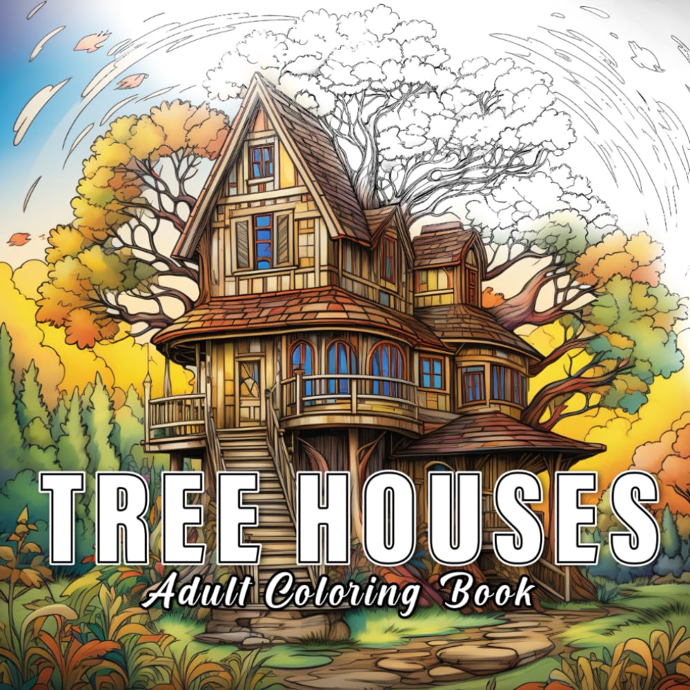 Tree houses: colouring book for adults with 60 sketches of tree houses.