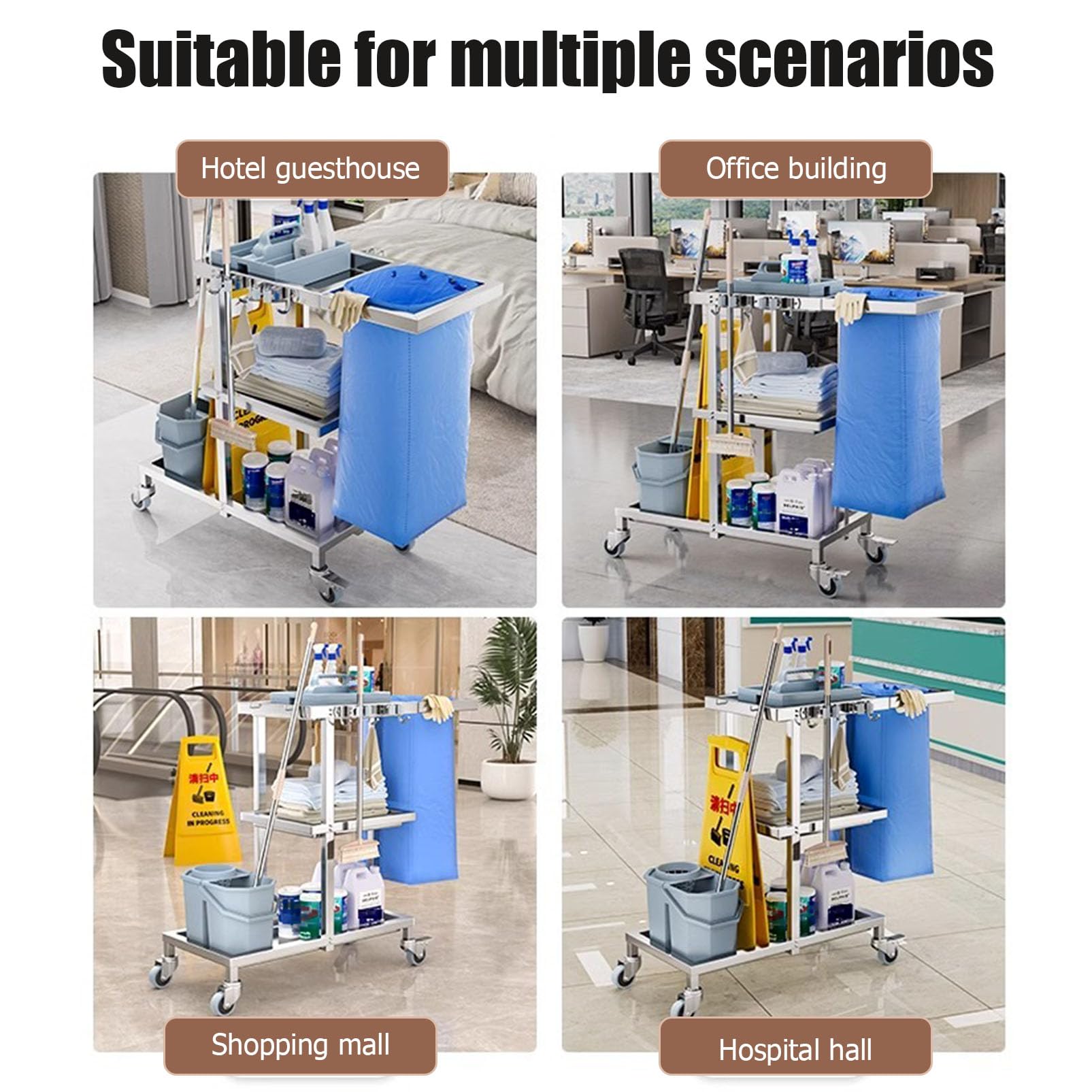 Carro de Limpieza Industrial Resistente con Ruedas, Organizador con Soporte para fregonas para una Limpieza eficiente.