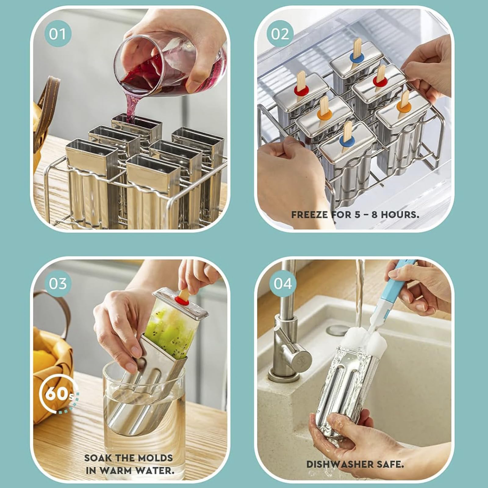 Edelstahl-Formen für Eis am Stiel, wiederverwendbare Eisformen für Zuhause, Küche, DIY gefrorene Leckereien, lebensmittelechtes Eisformwerkzeug, nahtloses Design, leicht zu reinigen