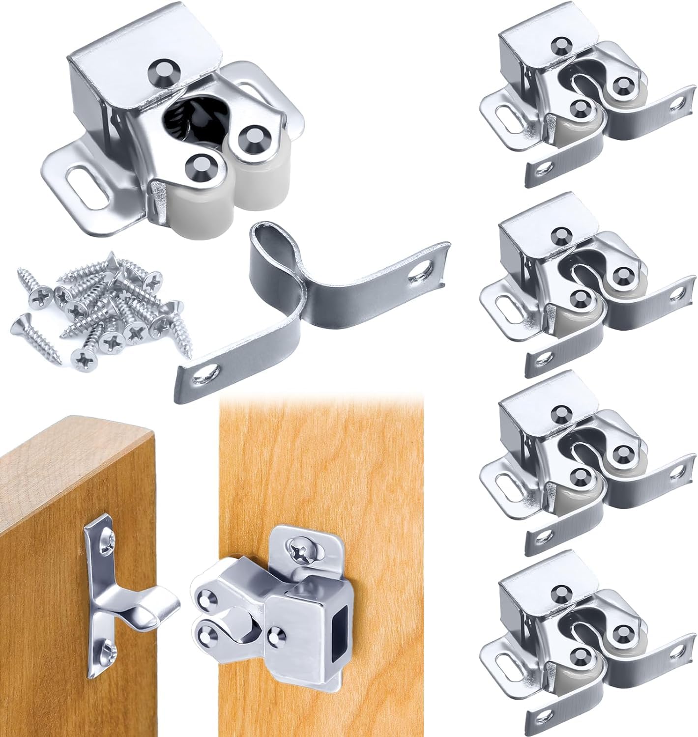 Rethan Double Roller Door Catches, 6 Pcs Cabinet Latch Double Roller Catch Hardware, Double Roller Cupboard Door Latch for Lockers, Cupboard, Closet Door (Silver)