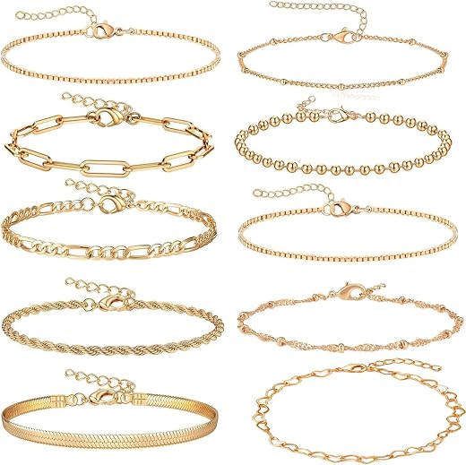 SANNIDHI® Bracelets for Women, Pack of 10 Chic Gold Silver Alloy Layered Bracelets Set Ladies Slim Link Bracelet for Woman...