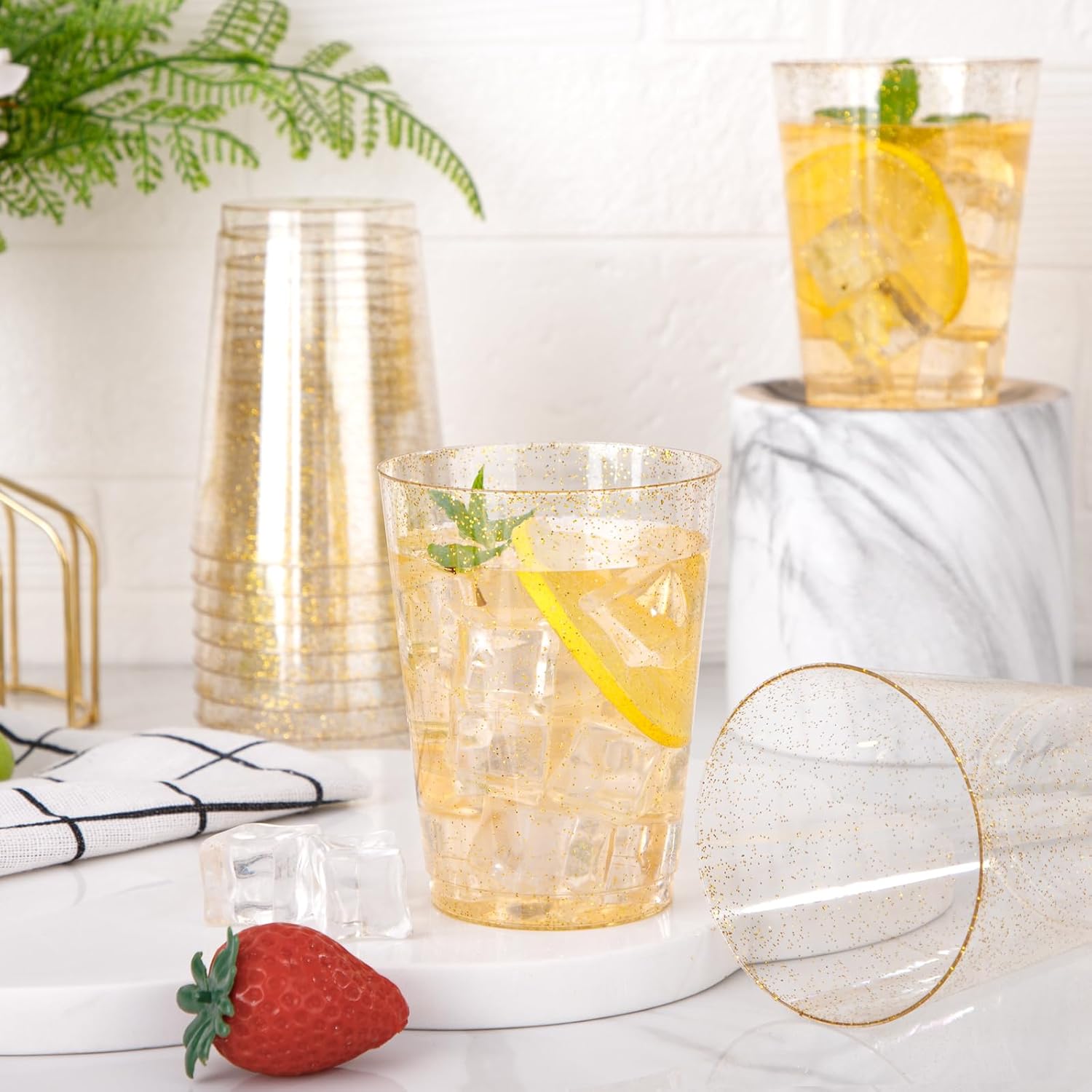 I00000 60 Pack 10oz Gold Plastic Cups, Premium Disposable Gold Glitter Plastic Cups for Martini and Cocktail,Hard Clear Disposable Cup with Gold Glitter Perfect for Fancy Wedding and Elegant Party Cup - Image 5