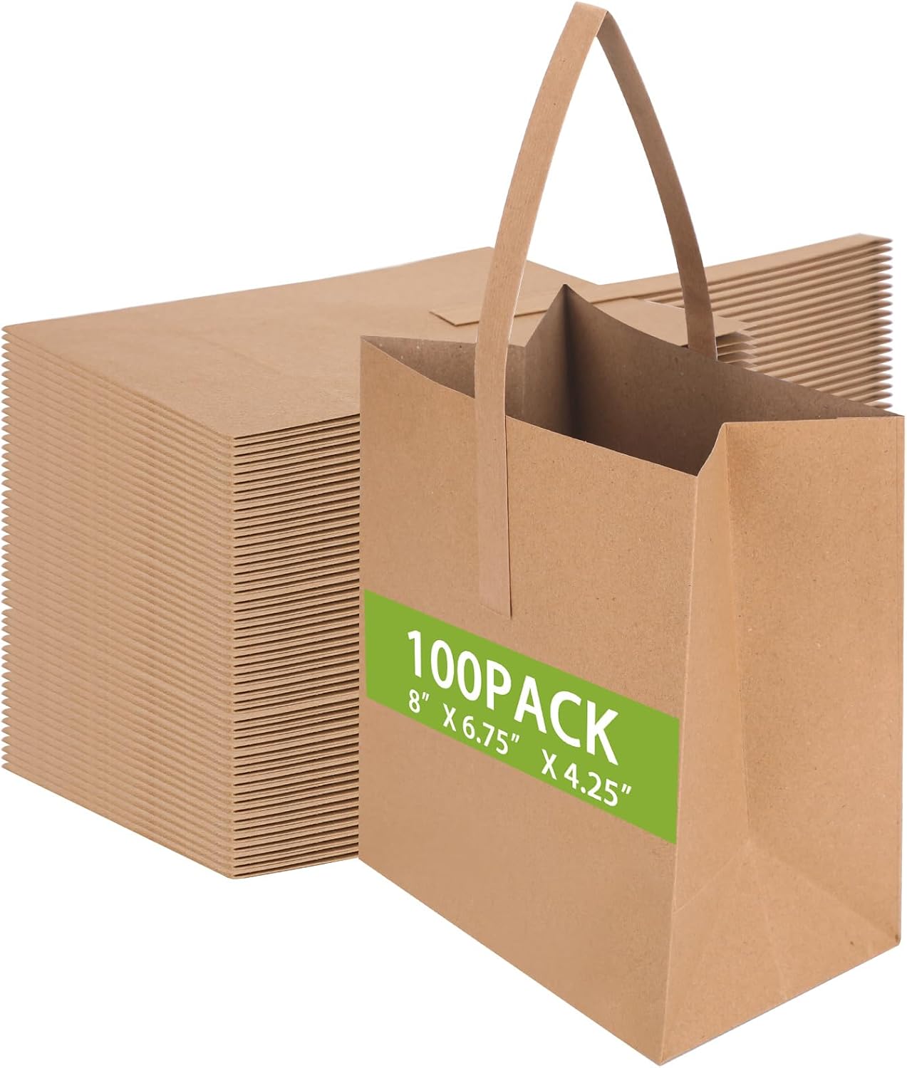 Colarr 100 Pack Small Thick Kraft Paper Gift Bags with Handles 8x6.75x4.25 Inch Brown Paper Grocery Bags for Small Business, Retail, Party Favors, Agricultural Products