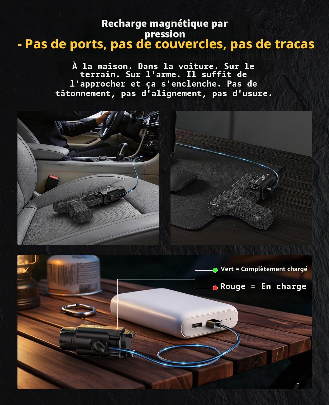 CVLIFE Picatinny Lampe de poche magnétique rechargeable pour pistolet avec rail réglable rapide et fonction stroboscopique 1500 lumens