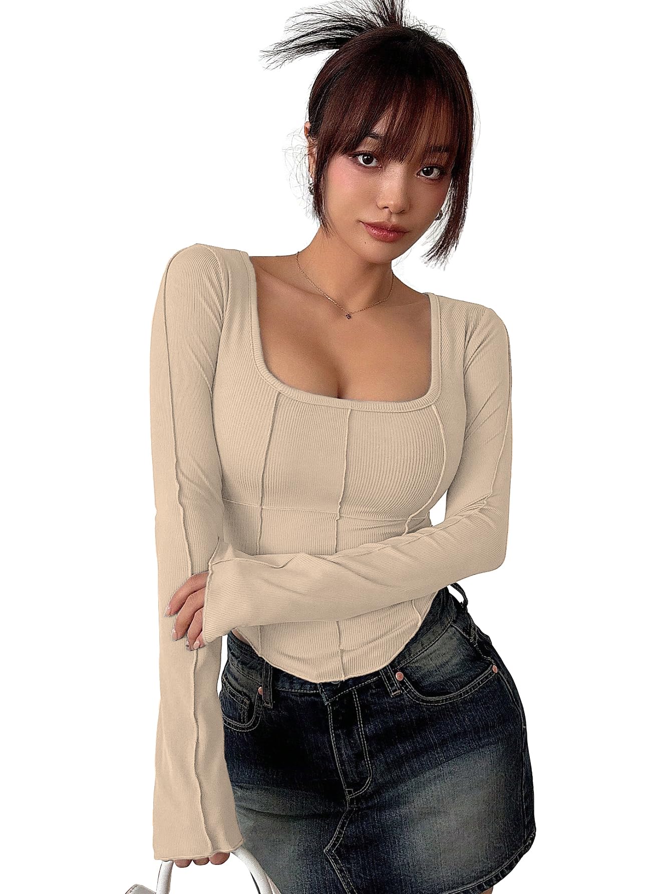 sugathari Women's Black Solid Long Sleeve Wrap-Style Square Split Crew Neck Bodycon Women T-Shirt Spring and Summer Top, Minimalist and Fashionable for Everyday Casual Wear Tops (T-Shirt 181)-picture-21