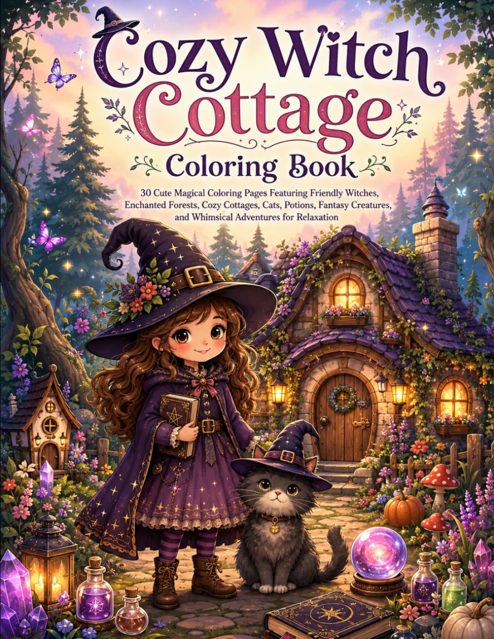 Cozy Witch Cottage Coloring Book: 30 Cute Magical Coloring Pages Featuring Friendly Witches, Enchanted Forests, Cozy Cottages, Cats, Potions, Fantasy Creatures, and Whimsical Adventures for Relaxation