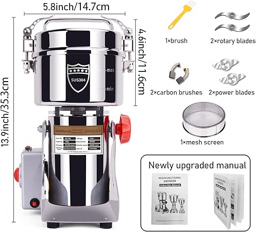 Miniatura 21 de Goldtouch Molinillo de grano de 5.29 oz, molinillo eléctrico de grano de acero inoxidable de 1500 W, máquina pulverizadora de polvo de alta