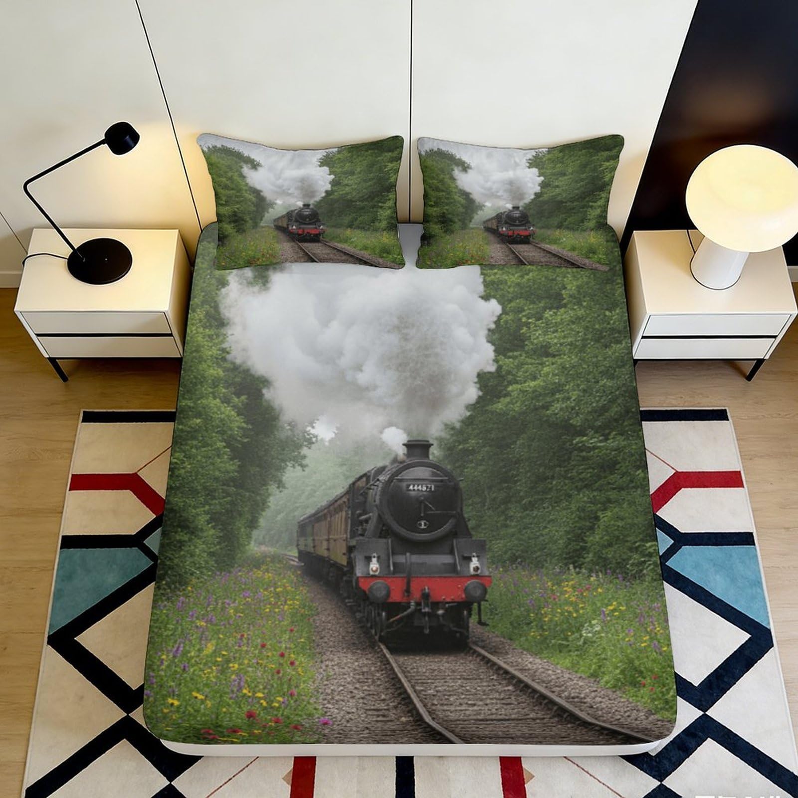 3D Printed Steam Train Fitted Sheet Microfiber Soft Breathable Railway Landscape Bed Cover for Bedroom Guest Room Dorm Decor 90x200x25cm