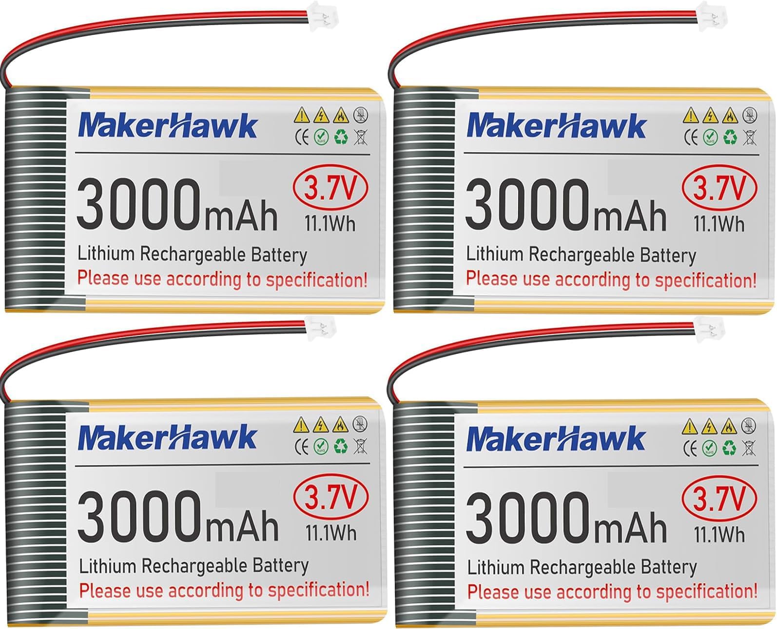 MakerHawk 3.7V 3000mAh LiPo Battery Rechargeable 1S Lithium Polymer Battery with Protection Board Insulated Rubber Tape, Micro JST 1.25 Plug for Arduino NodeMCU ESP32 Development Board (4 Pack)