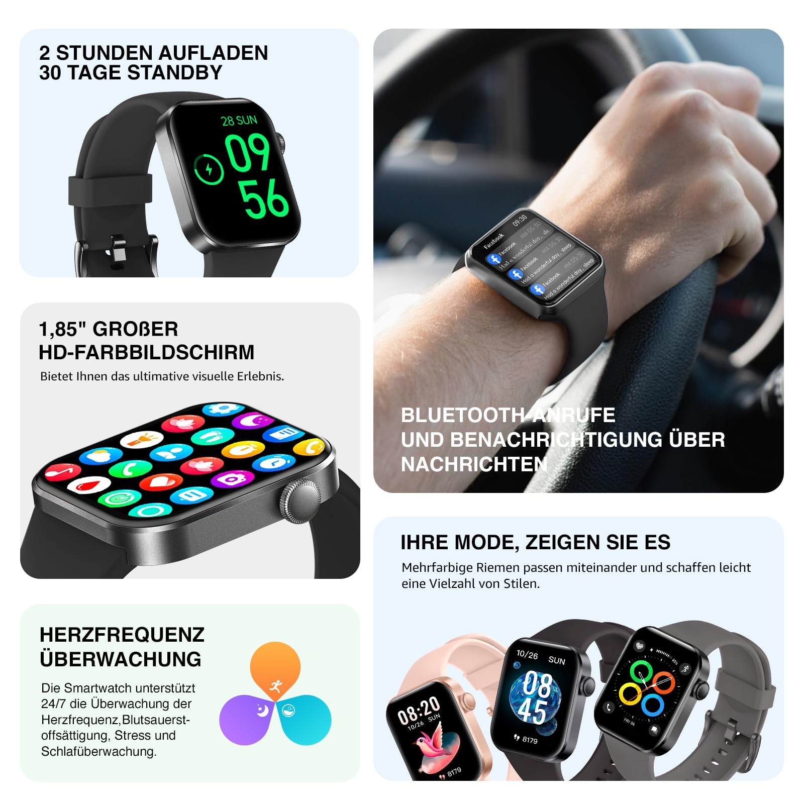 Smartwatch Damen Herren, 1,85" HD-Display Smart Watch mit Telefonfunktion, 140+ Sportmodi Fitness Tracker mit Herzfrequenz SpO2 Schlafmonitor Schrittzähler, IP68 Wasserdicht Fitnessuhr iOS Black