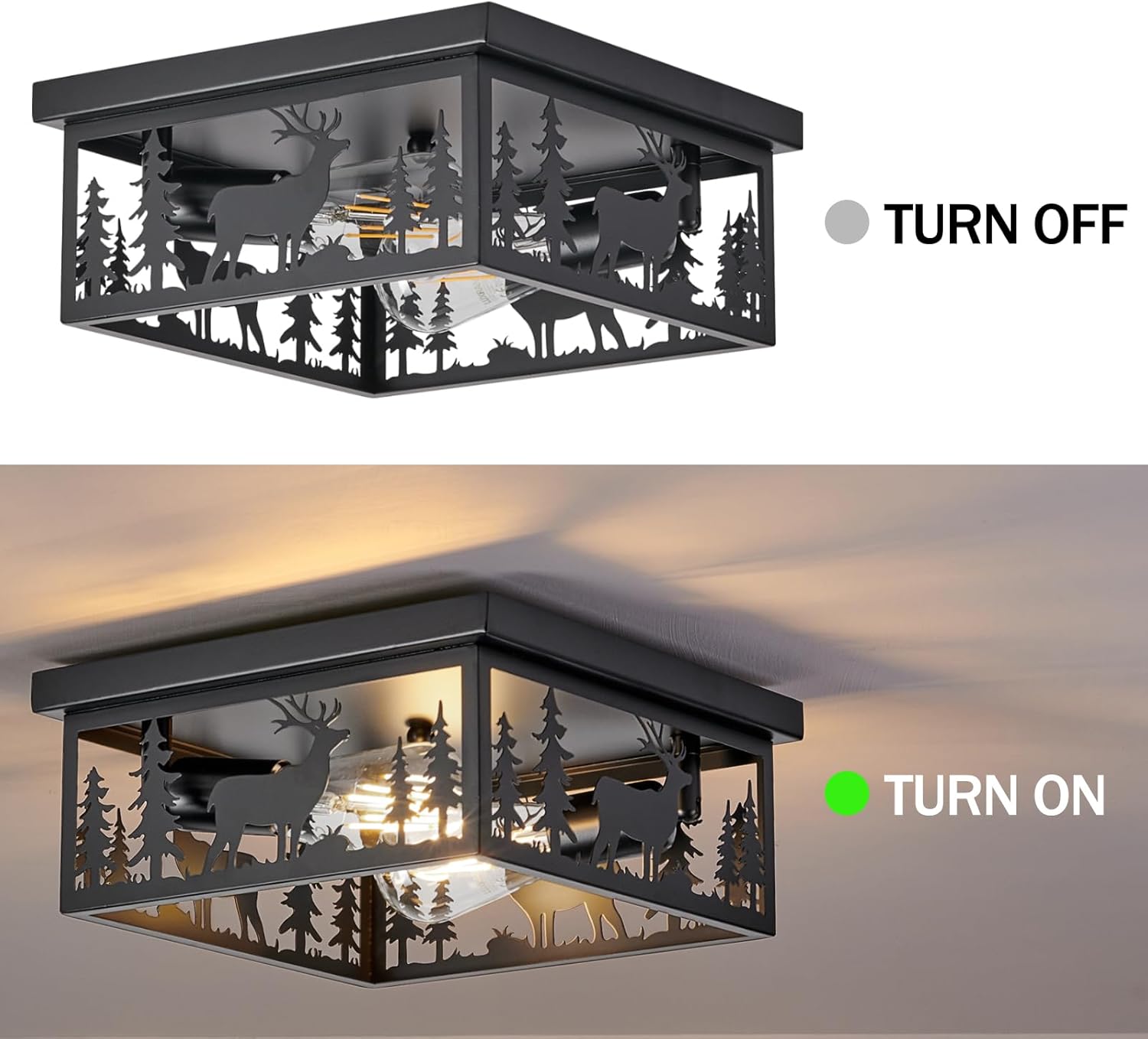 Rustic Deer Ceiling Light Fixtures, Farmhouse 2-Light E26 Black Metal Cage Lights for Kitchen, Living Room, Bedroom, Foyer, Hallway, Entryway (Bulbs not Included)