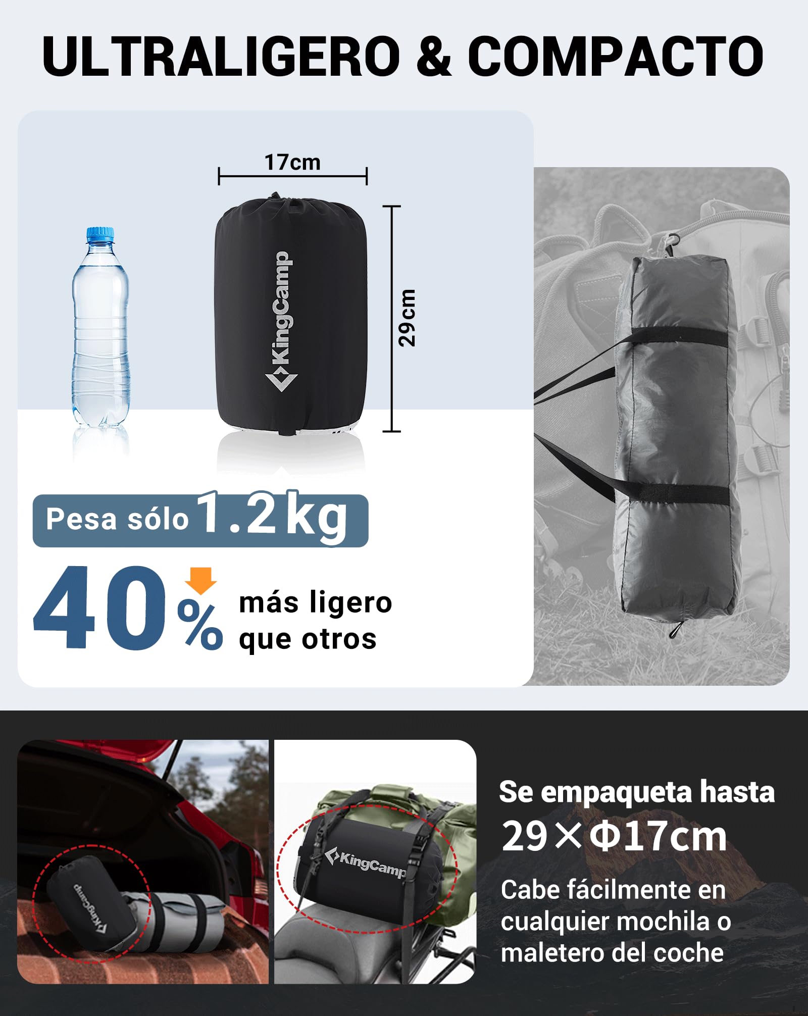 KingCamp Colchoneta de camping autoinflable individual ultraligera compacta cama de aire cómoda colchón enrollable