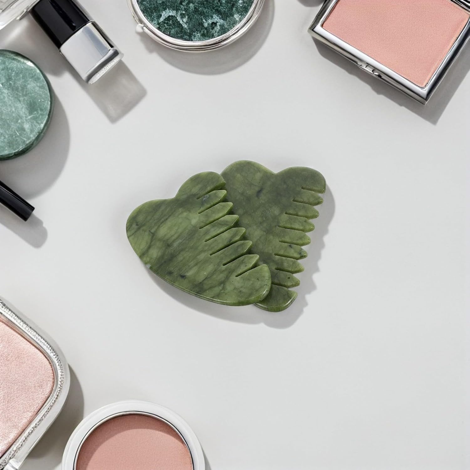 2pcs Jade Scalp Massager Comb and Facial Gua Sha Scraper, Natural Light Green Jade Stone, Multifunctional Handheld Massage Tool for Hair and Skin Care, Scalp Soothing image 5