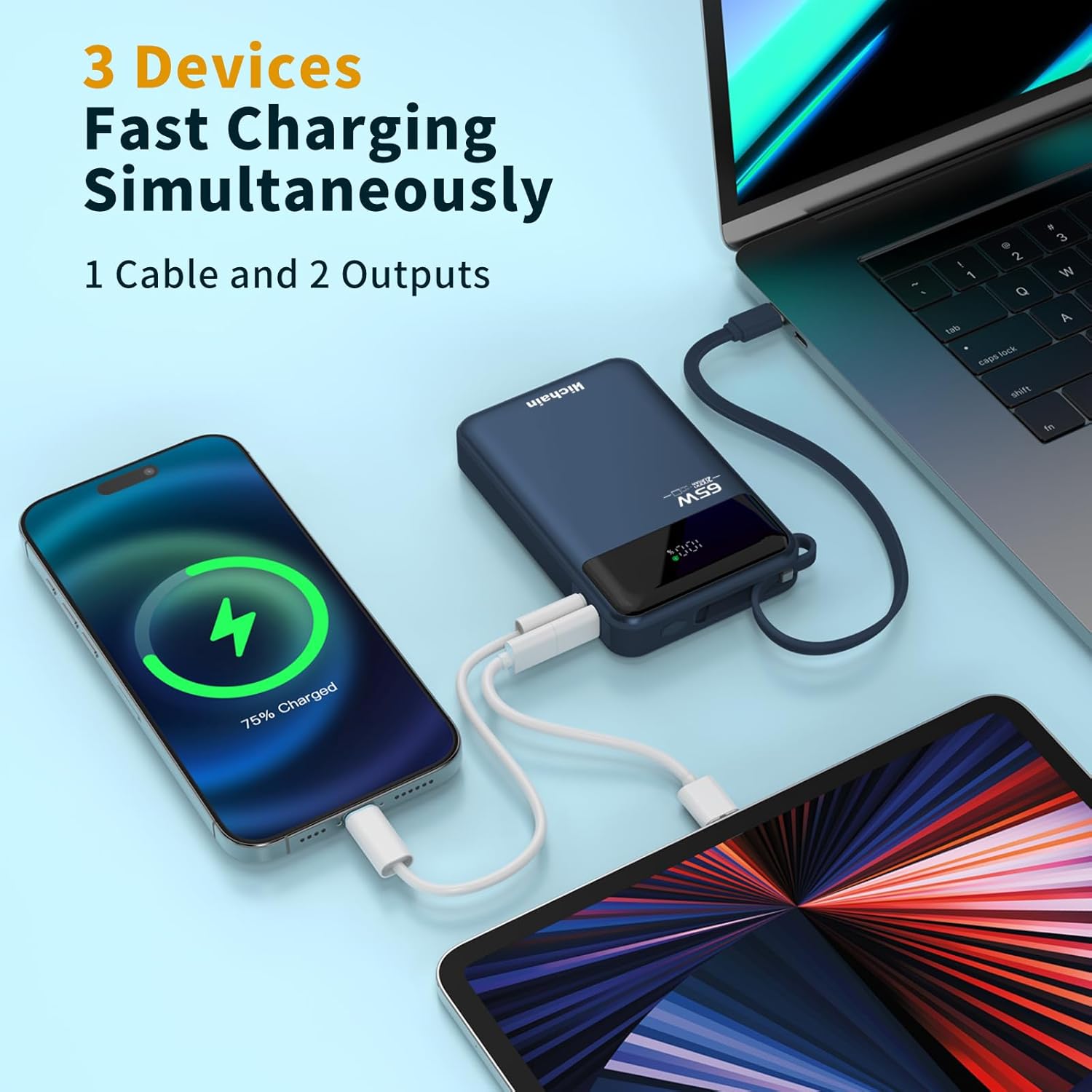 Hichain Laptop Power Bank 65W Laptop Portable Charger 20000mAh Battery Pack Fast Charging with USB C Cable, Phone Charger for iPhone 17/16/15/14/13 All Series/Samsung/Android, Camping Essential, Blue