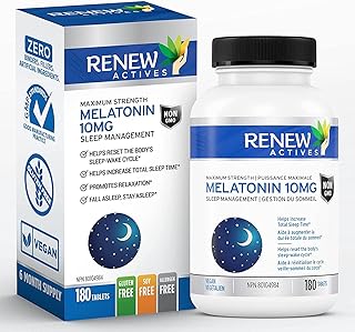 Renew Actives Melatonin 10mg – Promotes a Deeper & Longer Sleep – 180 Maximum Strength Tablets – Non-GMO, GMP Facility – Ideal for Sleep Management, Jet Lag & to Reset Your Sleep Cycle! Vegan Friendly. Made in Canada. Easy to Swallow Tablets!