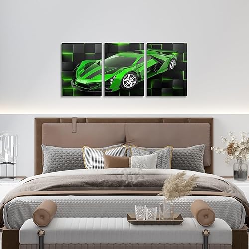 Miniatura 4 de Feelyou Cuadro verde de carreras para pared, 12 x 16 pulgadas, 3 piezas de autos deportivos de velocidad, lienzo para decoración de pared, diseño