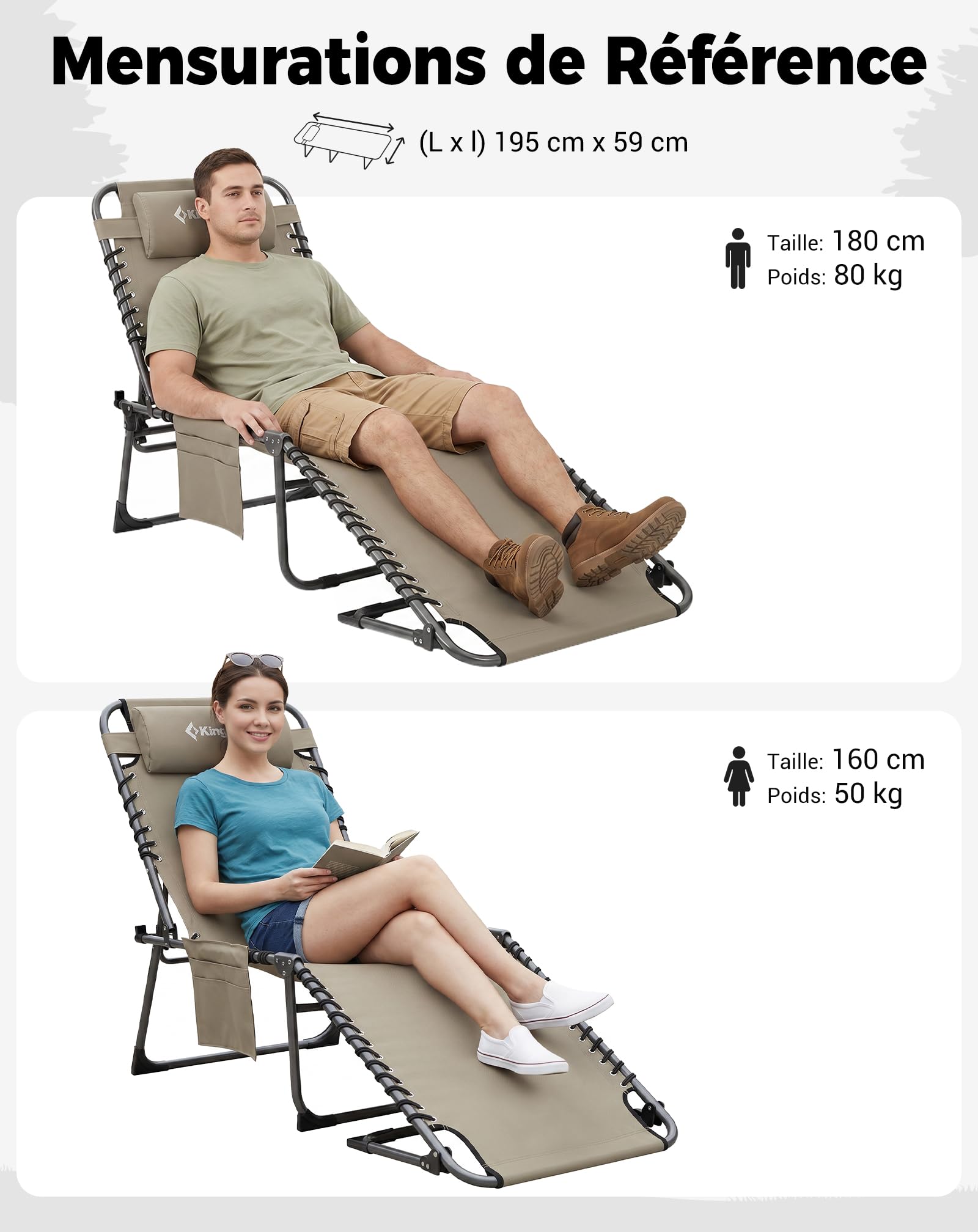 KingCamp Bain de Soleil Pliant 5 Positions Réglable Jusqu'à 180 kg, Beige | Chaise Longue Inclinable Pliable pour Jardin, Anti-Pincement Appuie-Tête Poche, Transat de Relaxation Pliant, Plage Camping