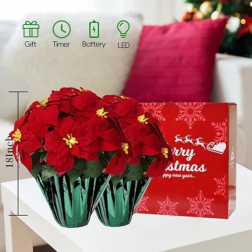 Miniatura 4 de Paquete de 2 plantas de Pascua artificiales grandes de 18 pulgadas para decoración de Navidad preiluminadas por LED, flores de Pascua artificiales