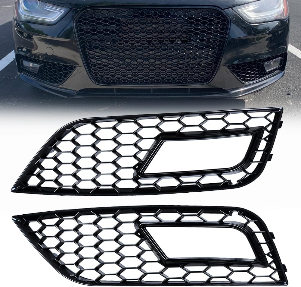2PCS Black Honeycomb Mesh Fog Light Grill Trim Cover RS4 Style for 2013-2016 Audi A4 B8.5 Facelift Komfort Premium Trendy Standard Bumper