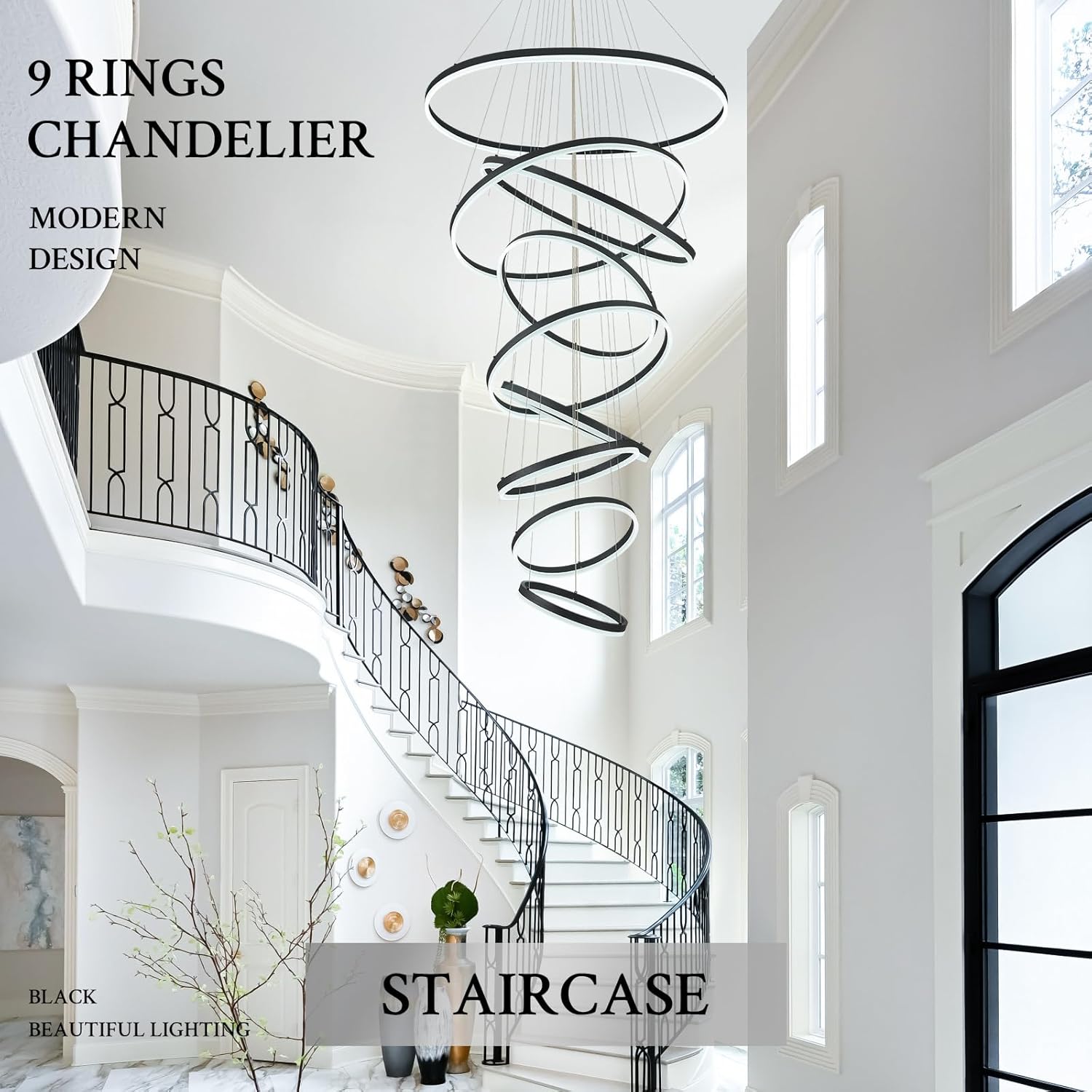9-Rings D39.4’’ Modern LED Chandelier Black Dimmable High Ceiling Foyer Chandeliers Entryway with Remote Control for Staircase Entryway Living Room Foyer, 3000K-6500K