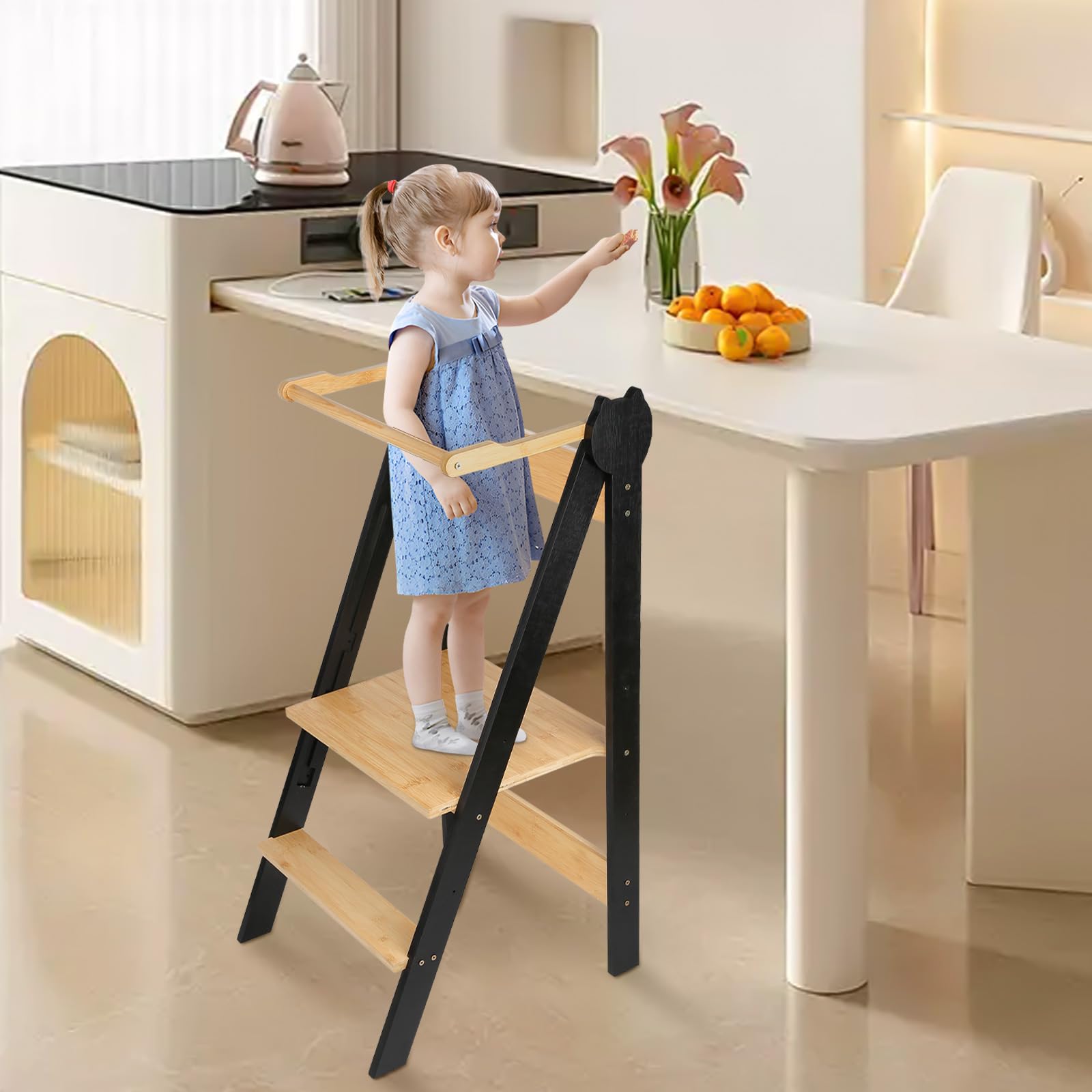Fold Legno Torre Montessoriana di Apprendimento Pieghevole Multiuso Learning Tower in Legno Naturale di Betulla con 3 Altezze Regolabili,per Bancone Cucina Lavandino Bagno