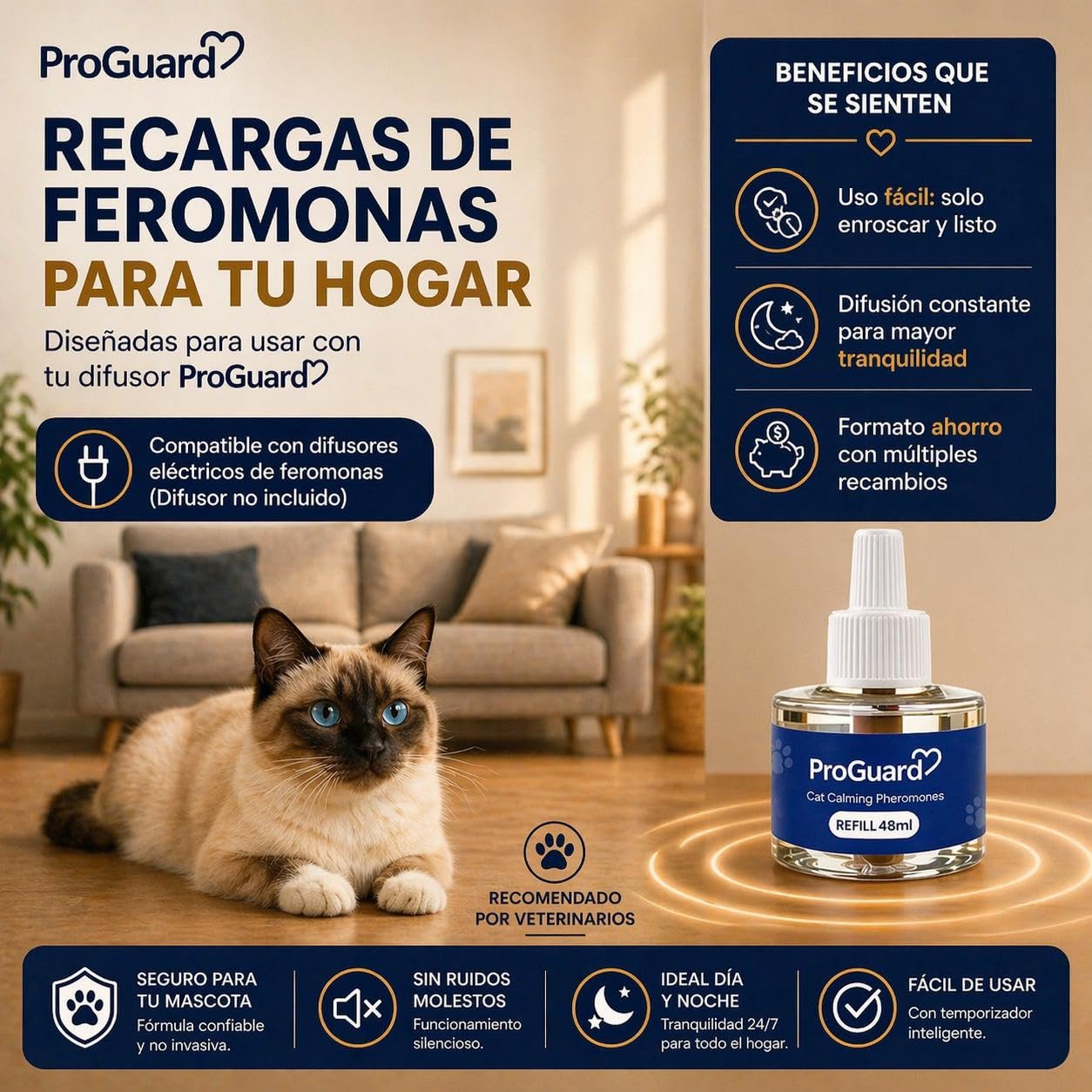 ProGuard® Recambios de Feromonas Calmantes para Gatos | Pack Ahorro de 6 Unidades de 48 ml | Solución Natural Que Reduce Ansiedad y Estrés Felino hasta 180 Días | Ambiente Tranquilo en el Hogar
